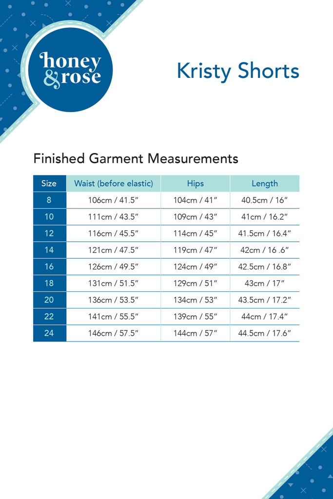 Kristy Shorts Womens PDF Sewing Patterns Finished Garment Measurements