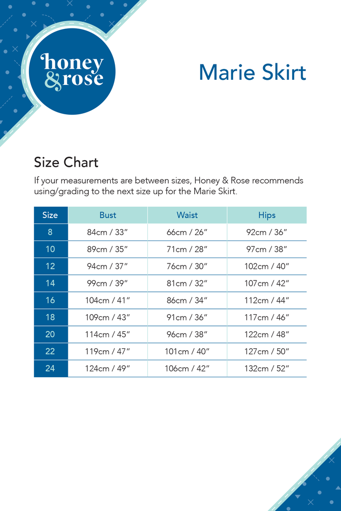 Marie Skirt Womens PDF Sewing Patterns Size Chart