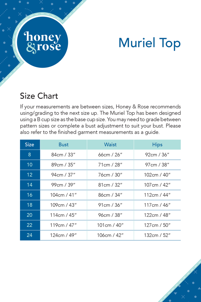 Muriel Top Womens PDF Sewing Patterns Size Chart