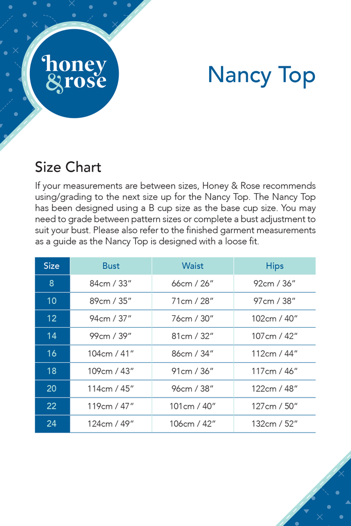 Nancy Top Womens PDF Sewing Patterns Size Chart