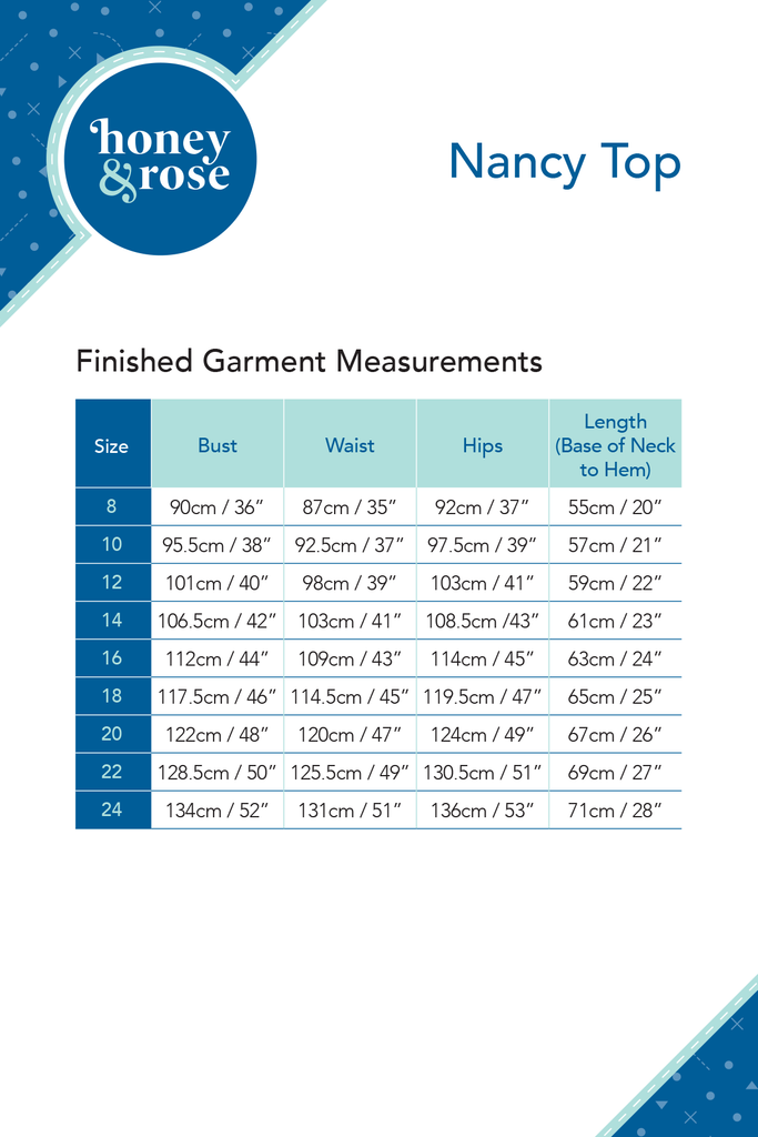 Nancy Top Womens PDF Sewing Patterns Finished Garment Measurements