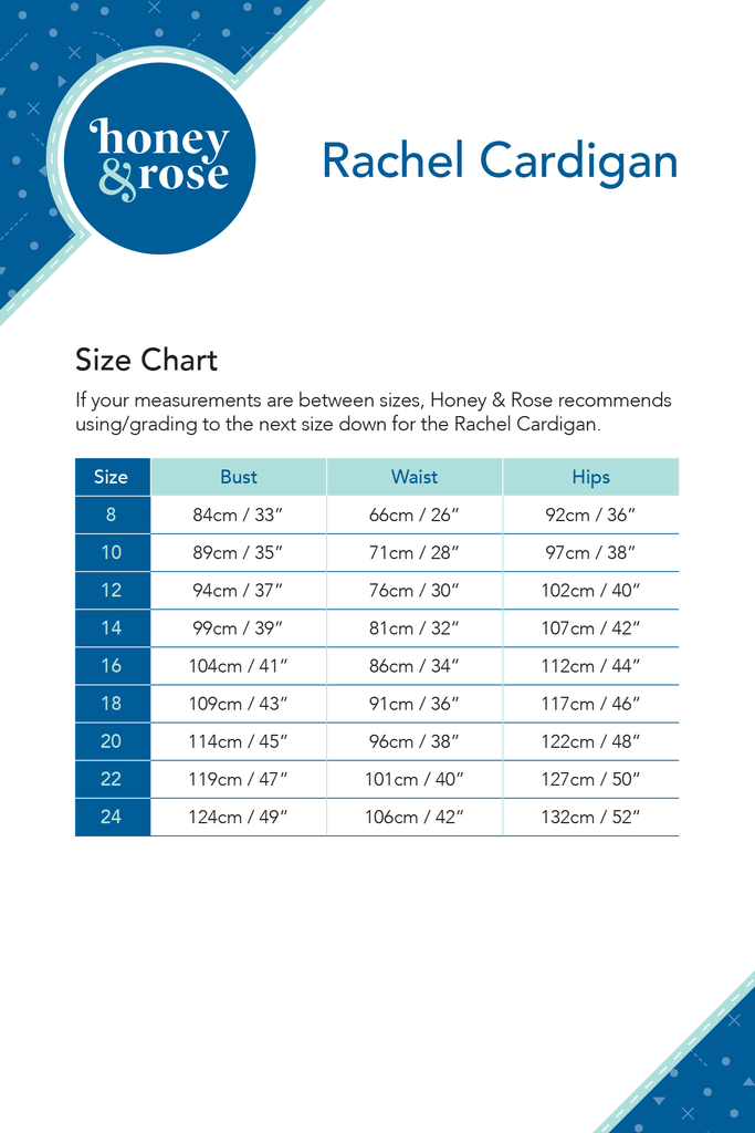 Rachel Cardigan Womens PDF Sewing Patterns Size Chart
