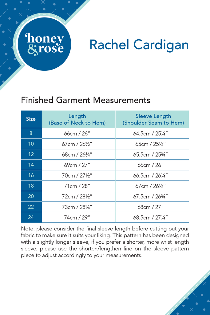 Rachel Cardigan Womens PDF Sewing Patterns Finished Garment Measurements